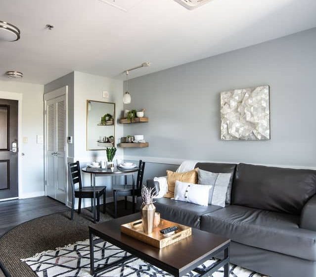 MODELUNIT-170101 Village Promenade apartments combine modern design with a location close to Ball State University. Residents enjoy furnished apartments, modern appliances, high-speed internet, and access to community amenities including a fitness center, pool, and rooftop lounge areas. The community offers controlled building access and convenient covered parking options for residents.